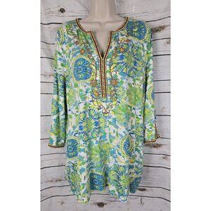 Soft Surroundings Floral Beaded Knit Tunic Top XL Embroidery Green Blue